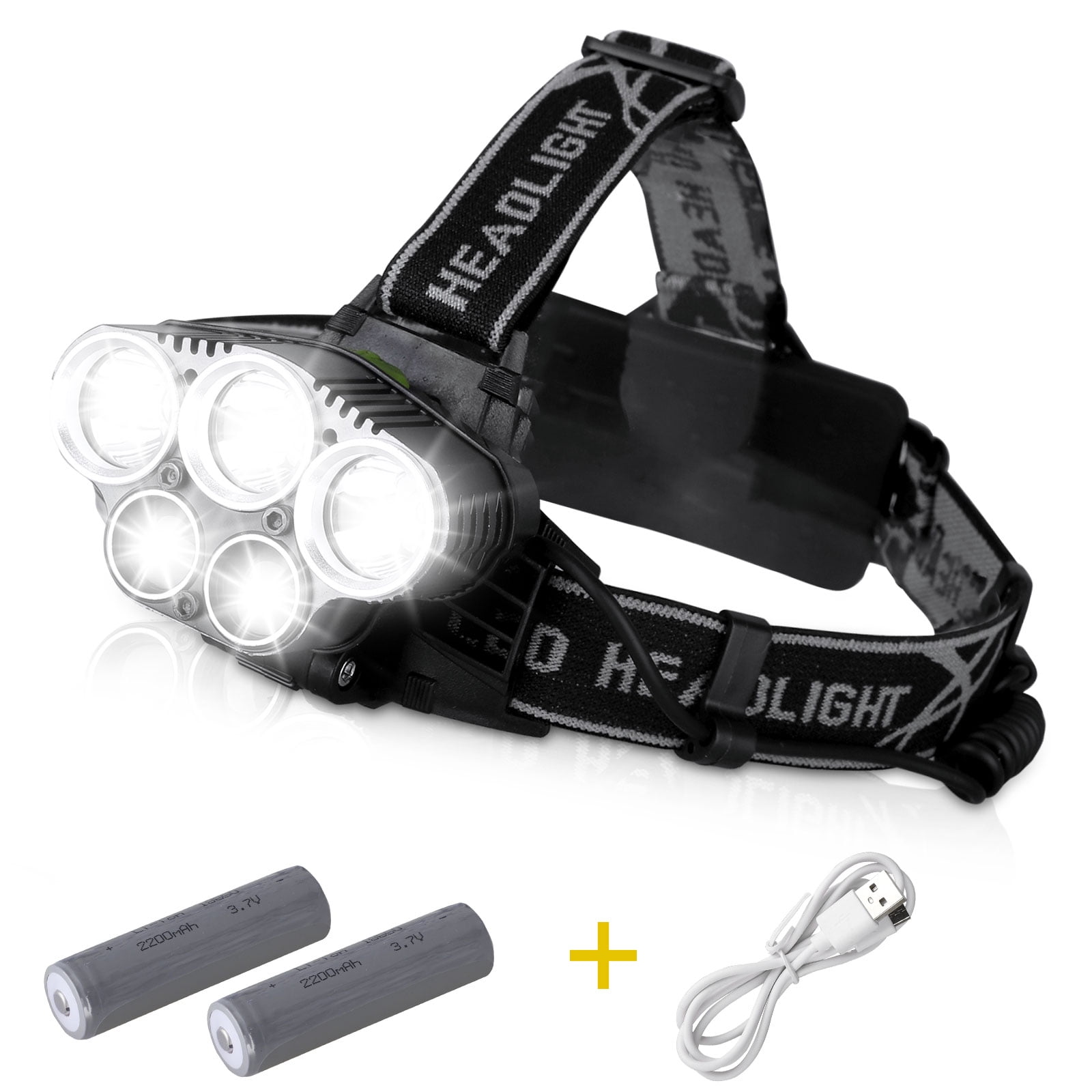 TSV T6 LED Beads 80000 Lumens Headlamp 5 Working Modes with Rechargeable Batteries, IP67 Waterproof Head Light, USB Charging Cable for Camping, Hiking, Reading, Bike, Hunting &amp; Fishing Lighting