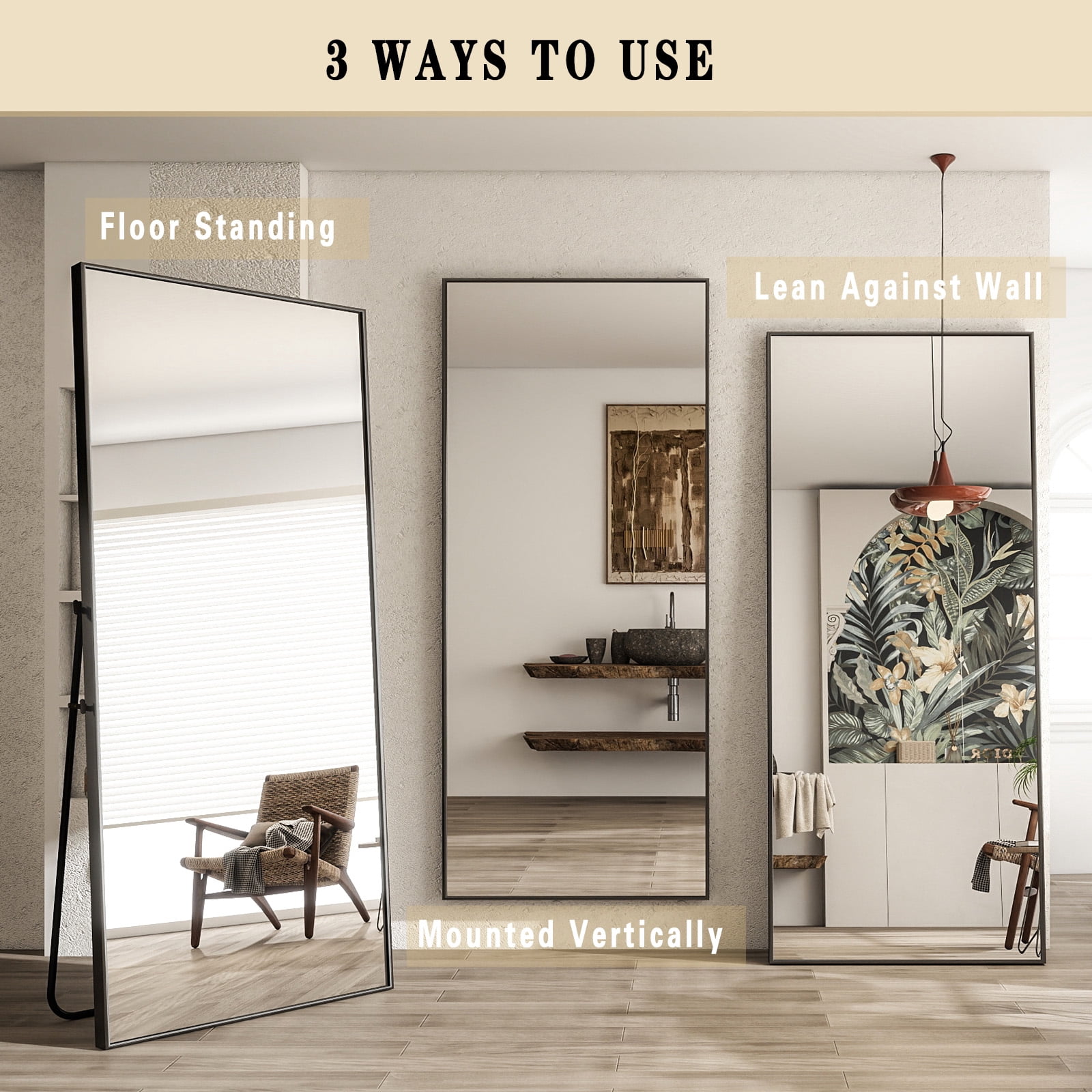SHATTERVIEW 71"x30" Rectangular Floor Mirror Full Length Standing Body Dressing Mirror, Black