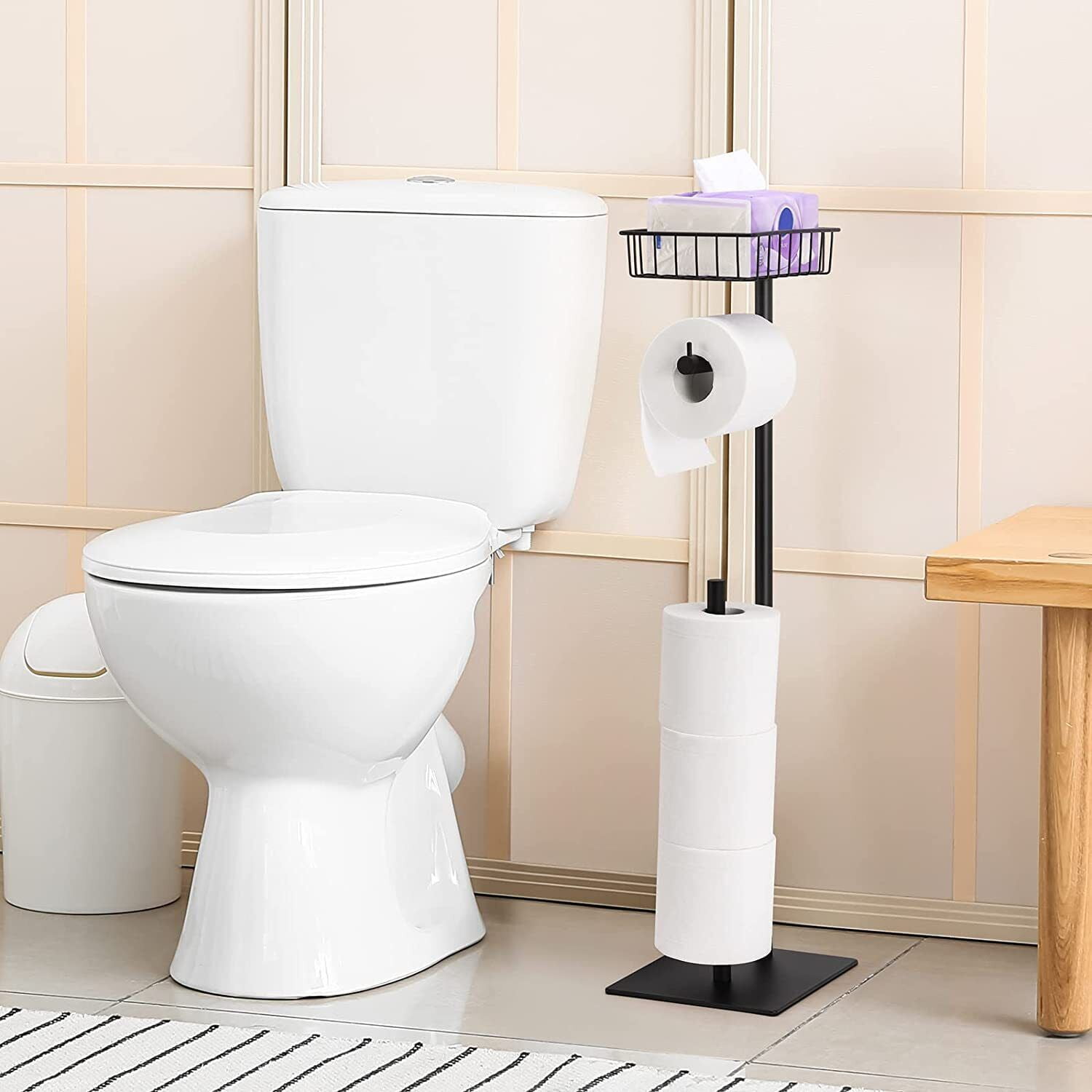Toilet paper roll holder, with storage basket, paper towel holder