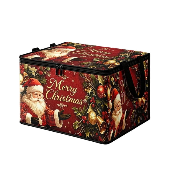 Christmas Storage Bin with Lid, Foldable Polyester Santa Pattern Holiday Organizer Box with Zipper & Carrying Handles, Xmas Decor Storage Container for Closet Bedroom Home Decoration