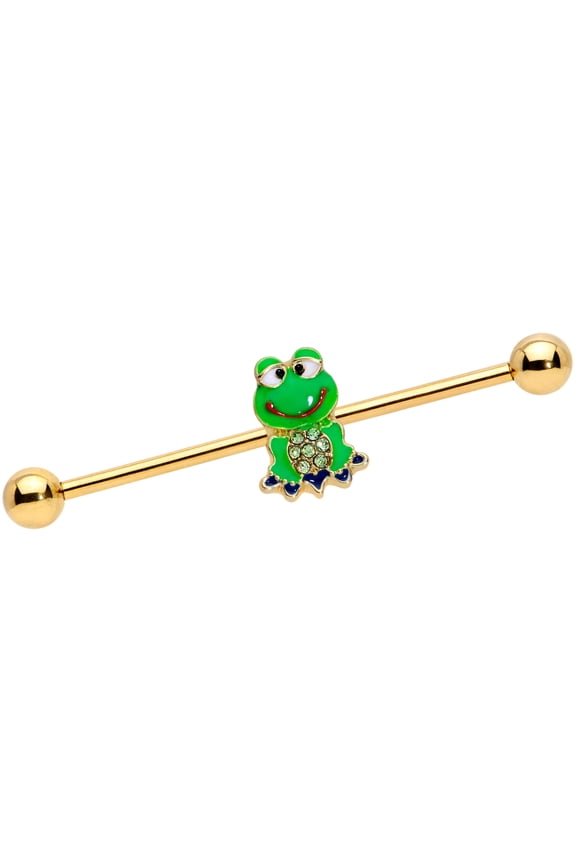 Womens 14G Plated Steel Helix Cartilage Green Accent Green Frog Industrial Barbell 1 1/2"