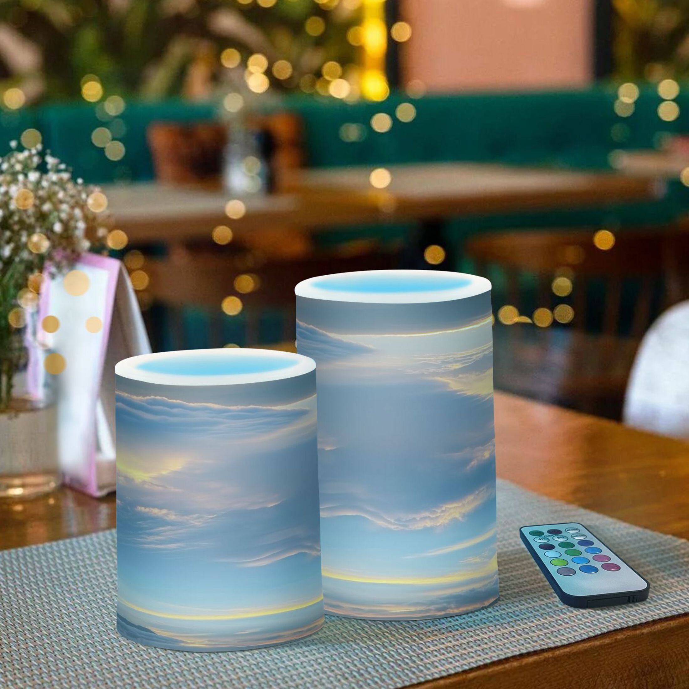 Flameless Candles Lights, Pack of two LED Lights, Dimmable LED Pillar Candles Battery Operated, Flames Remote Control Beautiful Sunrise Cloud