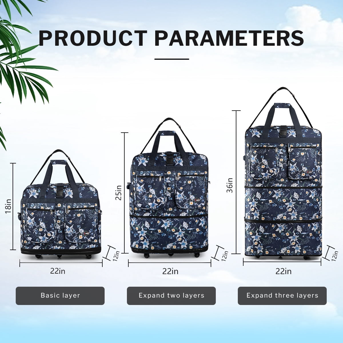 30in Expandable Foldable Suitcase 3Layer Foldable Rolling Luggage Large Wheeled Travel Bag for Home Storage Moving All Trip,EX30 Blue Lilies