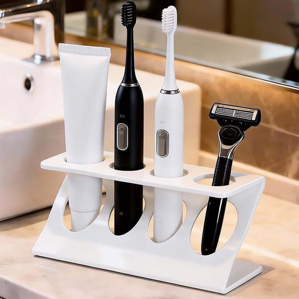 Estante para baño con diseño de 4 orificios para cepillos de dientes, pasta dental, rastrillos y utensilios, organizador de plástico impermeable para encimera, negro o blanco.