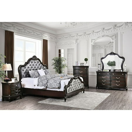 4pc California King Size Bed Espresso Finish Padded Fabric Bedroom Furniture Set