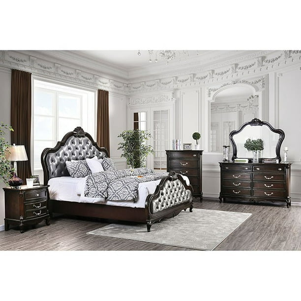 4pc California King Size Bed Espresso Finish Padded Fabric Bedroom