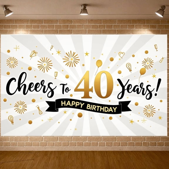 Gold Glitter 40th Birthday Banner Firework Design Cheers to 40 Years Display Balloon Pattern Black Ribbon Text Backdrop for 40th Birthday Party Adult Celebration Photo Shoot