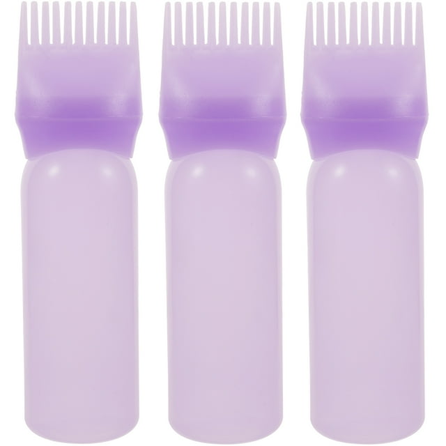 botella aplicadora de peine de raíz, botella aplicadora de aceite para el cabello, peine para tinte de cabello, 3 uds. Tres botellas aplicadoras violeta alineadas, vista frontal; cuerpos cilíndricos translúcidos de plástico (17.5 x 4.5 x 4.5 cm) y cabezas con dientes tipo peine para distribuir tinte o aceite al exprimir; a menudo usadas para aplicar tintes, aceites o tratamientos capilares caseros de forma controlada.