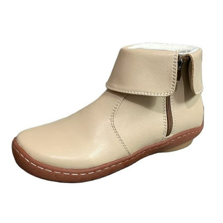 KIJBLAE Women s Ankle Boots Fold Over Zipper Boots Leather Winter Warm Shoes Non-Slip Comfortable Boots Outdoor Fashion Footwear Zipper Beige 42