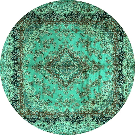 Ahgly Company Machine Washable Indoor Round Persian Turquoise Blue Traditional Area Rugs, 5' Round