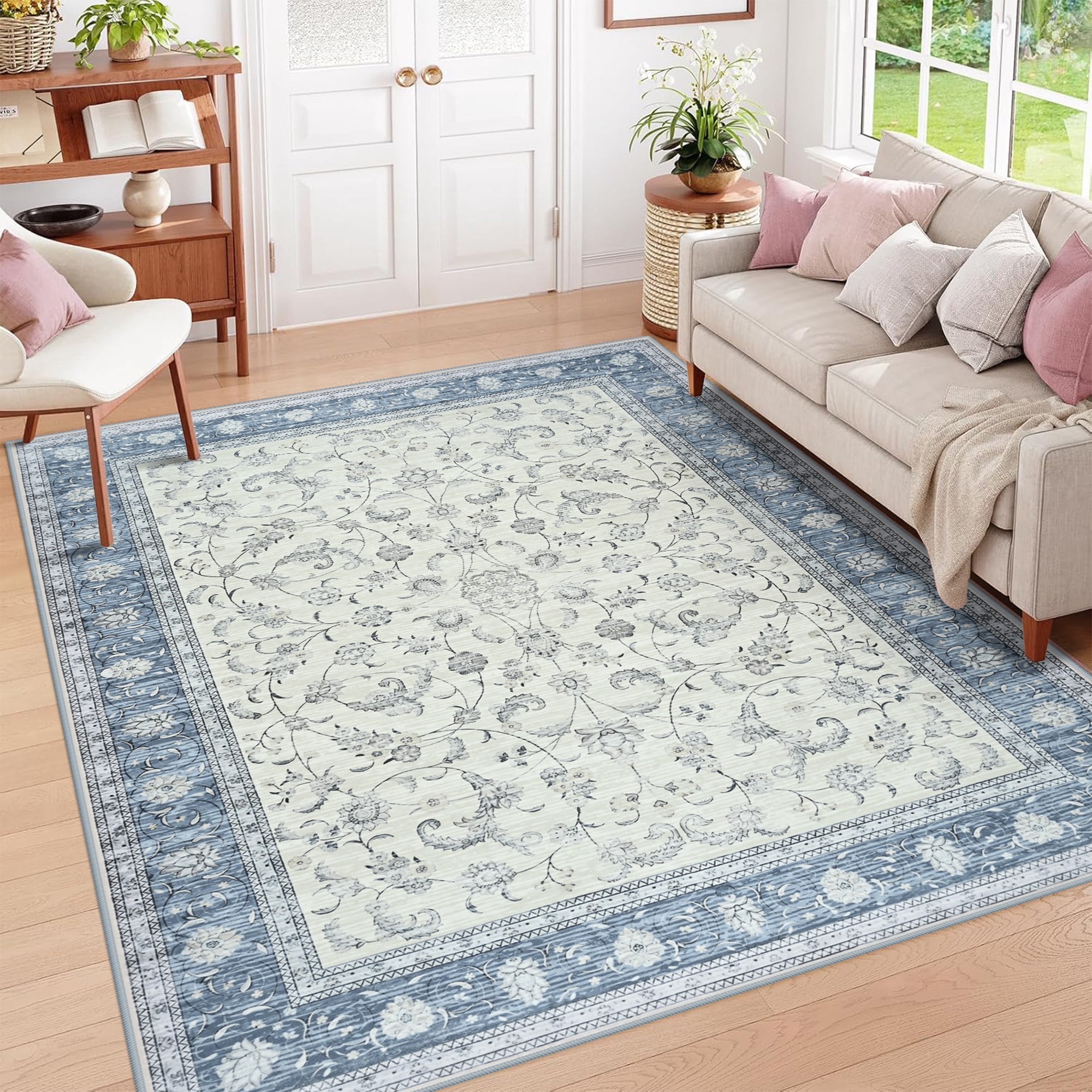 Astorug 5x8 Ft Light Blue Floral Area Rug - Machine Washable Low Pile Non-Slip Carpet, Boho Vintage Farmhouse Decor for Living Room, Bedroom, Nursery & Office