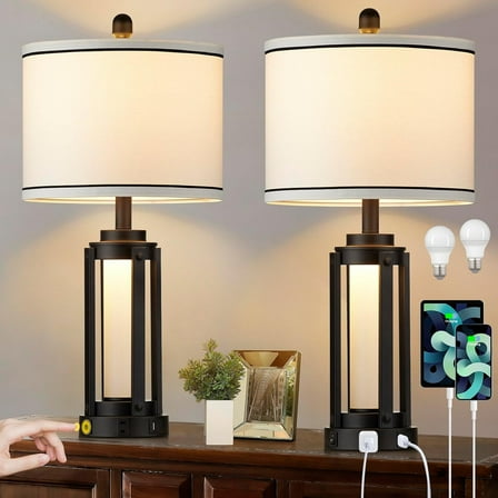 25" Modern Table Lamps Set of 2, Industrial Beside Lamps with USB A C Charging Ports & AC Outlet, Nightstand Lamp with Glass Night Light for Living Room Bedroom End Table Decor