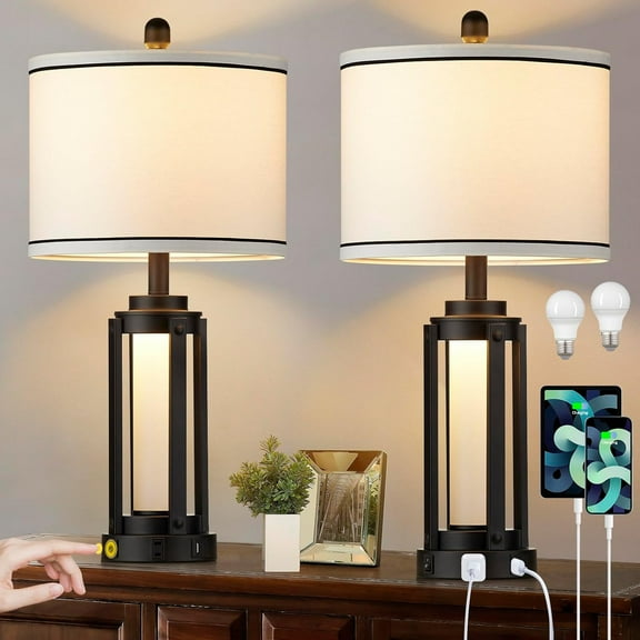 25" Modern Table Lamps Set of 2, Industrial Beside Lamps with USB A C Charging Ports & AC Outlet, Nightstand Lamp with Glass Night Light for Living Room Bedroom End Table Decor