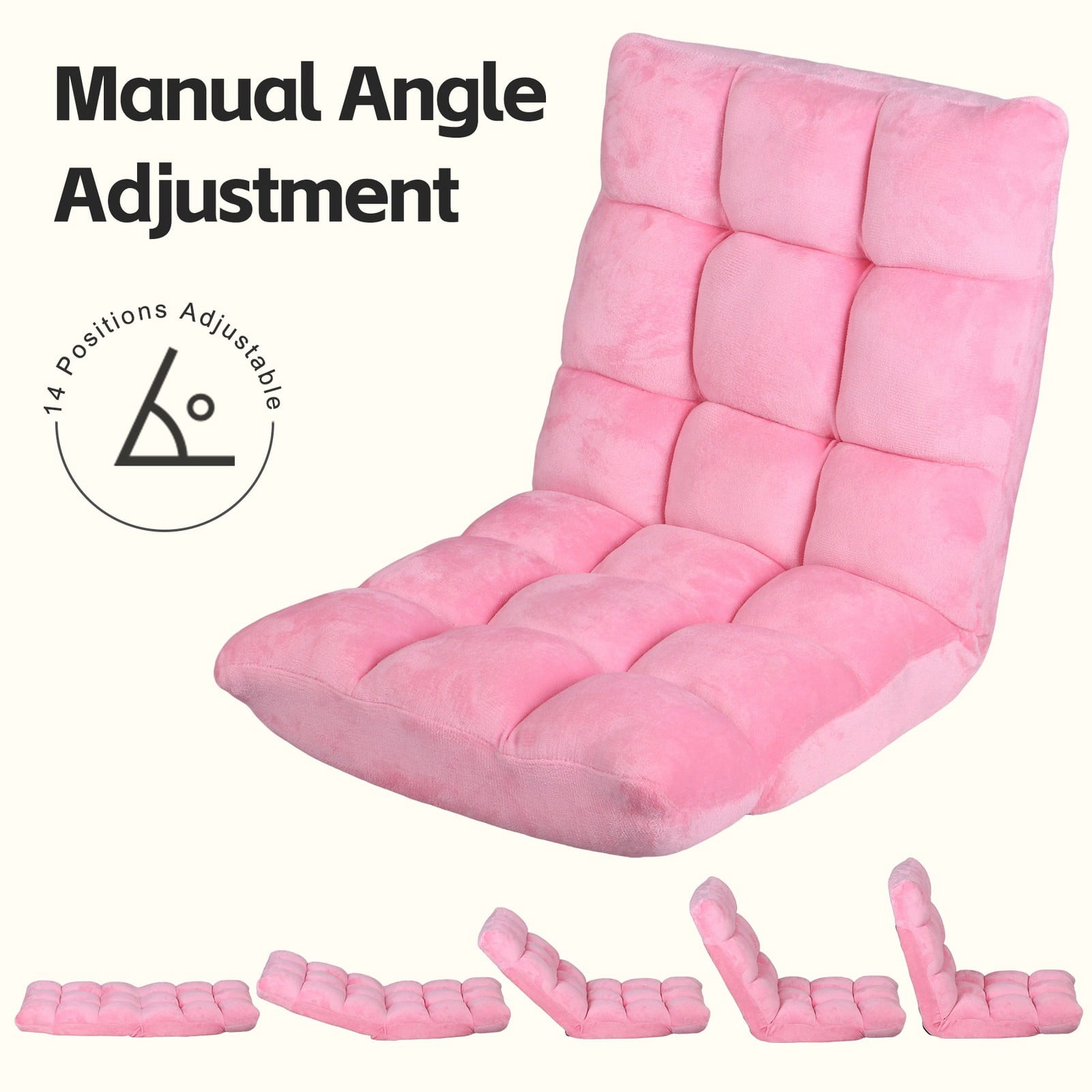 WDZS 14-Position Folding Floor Chair Gaming Sofa Cushioned Padded Reclining Bed Lounge Couch Seating for Comfy Reading, Reading, Gaming, Relaxing, Watching TV,Pink