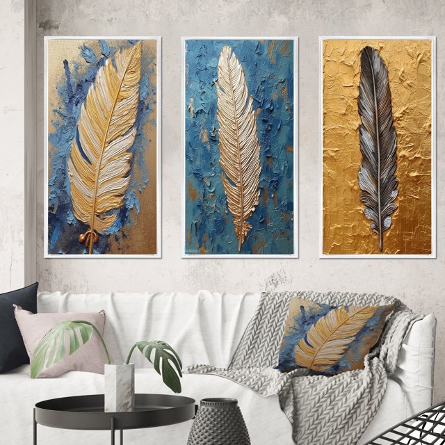 Designart "Exquisite Boho Glam Blue Feather Painting" Feathers Framed Wall Art Set Of 3 - Gold Modern Frame Gallery Set For Office Decor