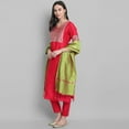 thumbnail image 4 of Janasya Indian V-Neck 3/4 Sleeve Floral Print Pink Poly Silk Kurta With Pant And Dupatta For Women, 4 of 8