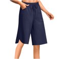 thumbnail image 3 of QATAINLAV Womens Bermuda Shorts Knee Length Wide Leg Linen Beach Shorts Summer Casual Drawstring Elastic Waist Short Pants with Pockets Navy L Clearance, 3 of 7