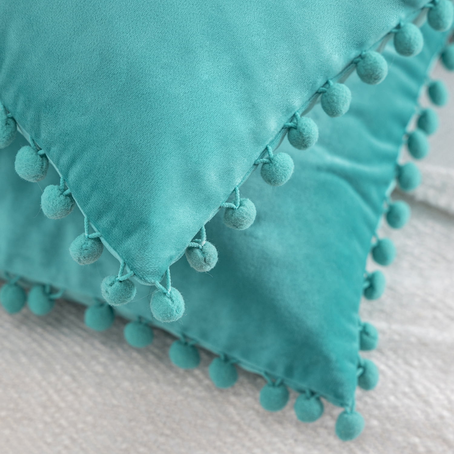 Phantoscope Turquoise Throw Pillow Covers 2 Pack, 12" x 20" Velvet Decorative Pillow Cases with Pom Poms, Soft Square Cushion Covers for Couch Sofa Bed