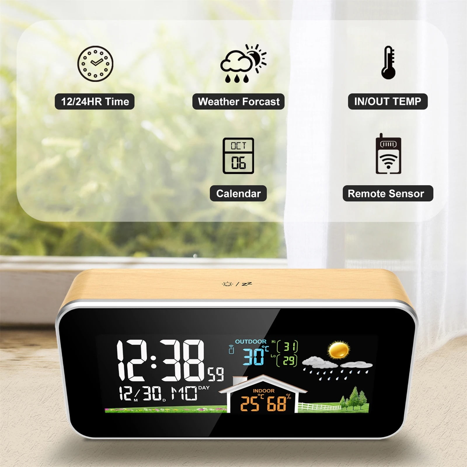 Wireless Weather Station Wooden Alarm Clock Digital Thermometer Humidity Temperature Wireless Sensor Home TimeWatch Desktop #30 ,High Precision