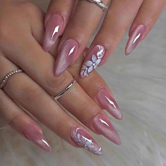 Fresh leaves, flowers, manicure, fake nails, cat's eye flash, wearable fake nails, long almond nail pieces wholesale