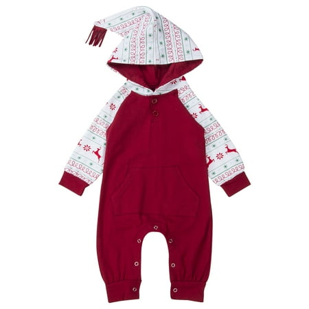 

Baby Xmas Romper Festive Printed Long Sleeve Button-Down Outfit Hoodie One-piece Jumpsuit