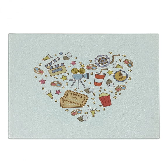 Movie Theater Cutting Board, Cinema Attribute Love Retro Pattern in the Shape of a Heart Colorful, Decorative Tempered Glass Cutting and Serving Board, Small Size, Multicolor, by Ambesonne