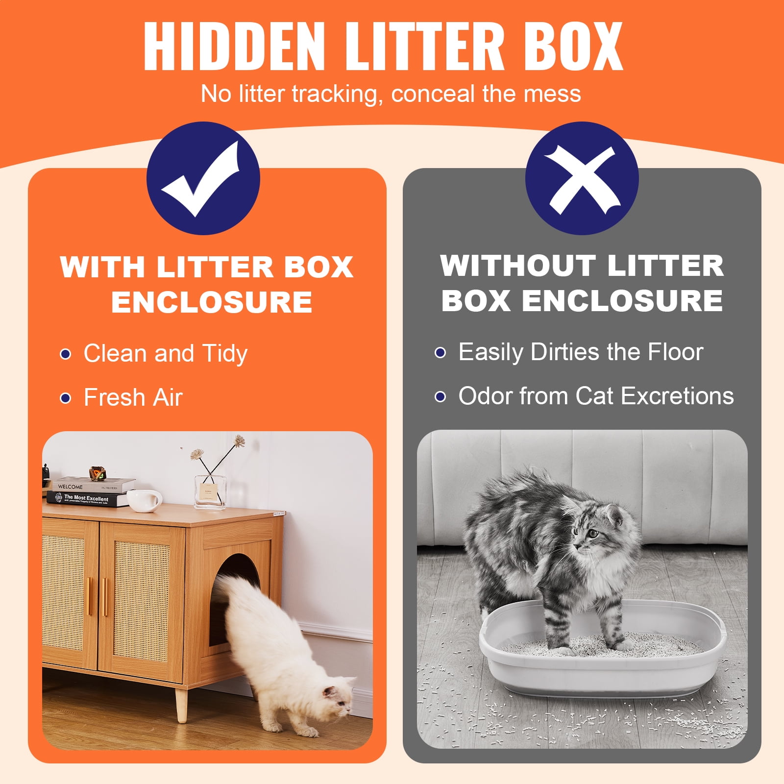 VEVOR Cat Litter Box Enclosure for 2 Cats, Litter Box Furniture Hidden with Rattan Decorated Doors, Wooden Cat Box Cabinet Fit Most of Litter Box, 47.2"L x 19.7"W x 21.7"H, Natural