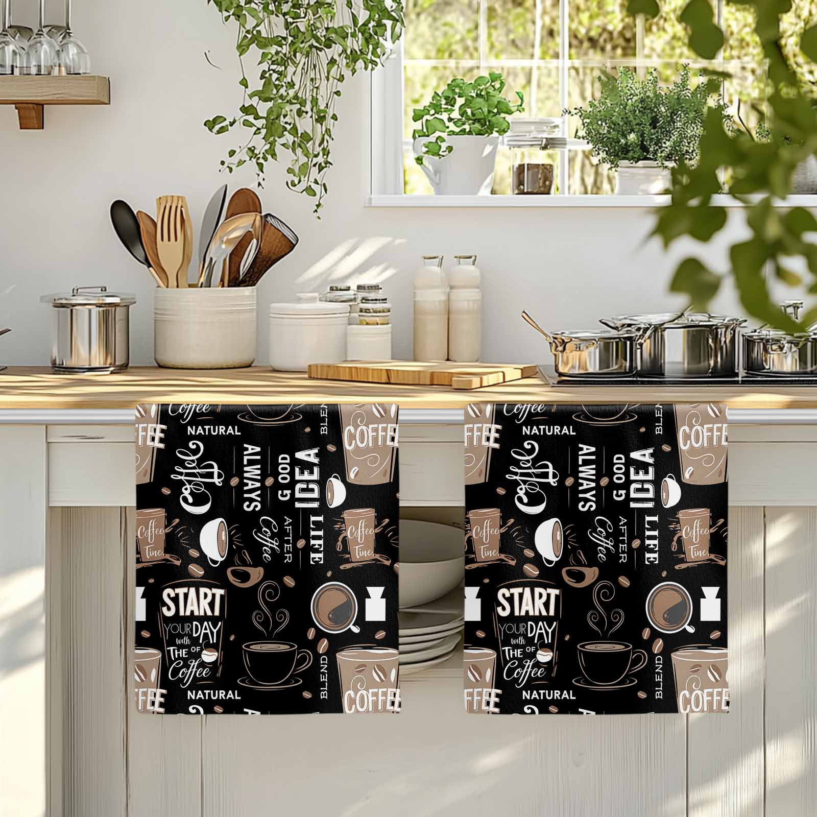 Coffee Black Kitchen Towels Set of 2, Brown Beans Cup Dessert Drink Monochrome Absorbent Dish Towels for Kitchen, Microfiber Hand Towel, Quick Drying Tea Towel for Cleaning Decorative Dishcloths