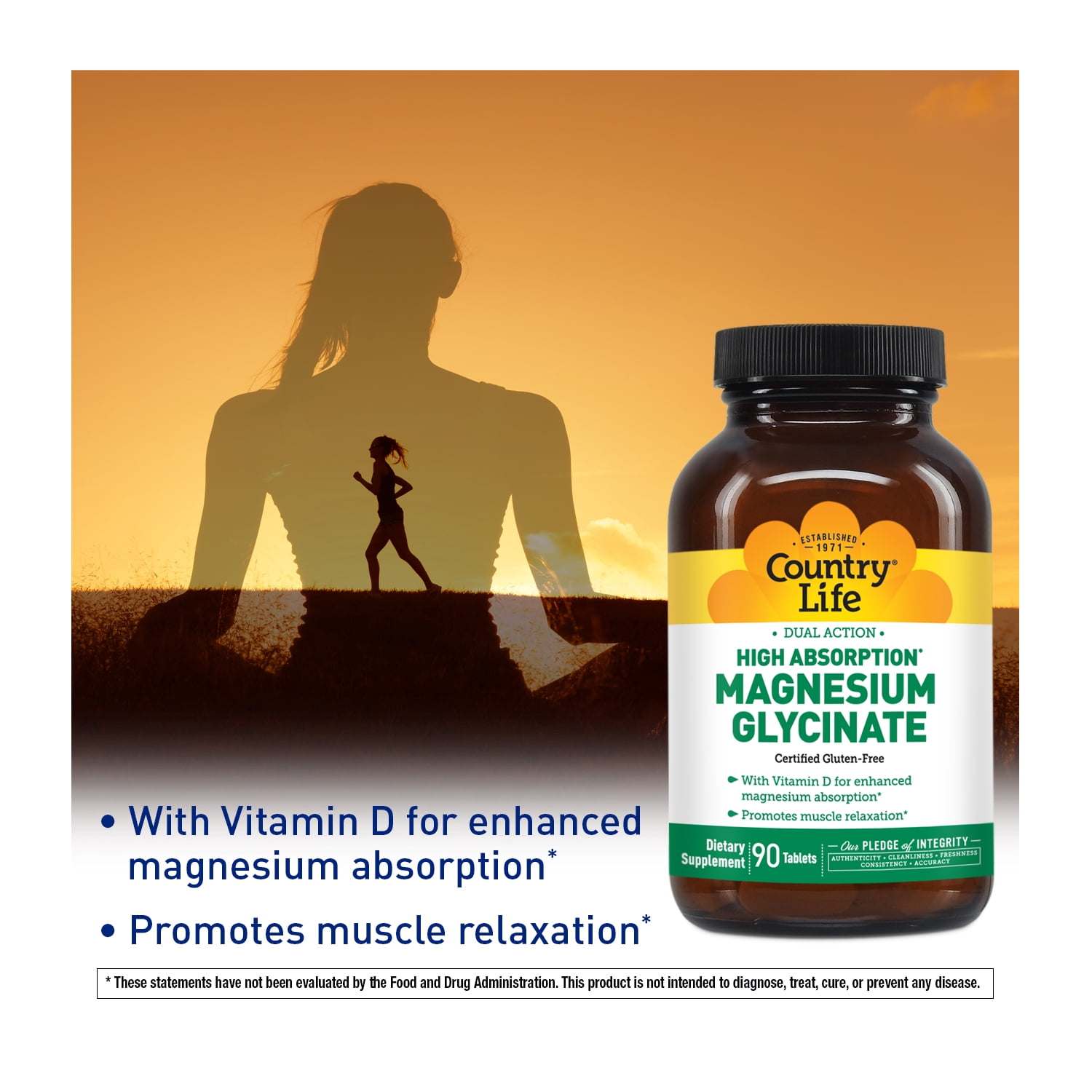 Country Life High Absorption Dual Action Magnesium Glycinate, 90 Tablets