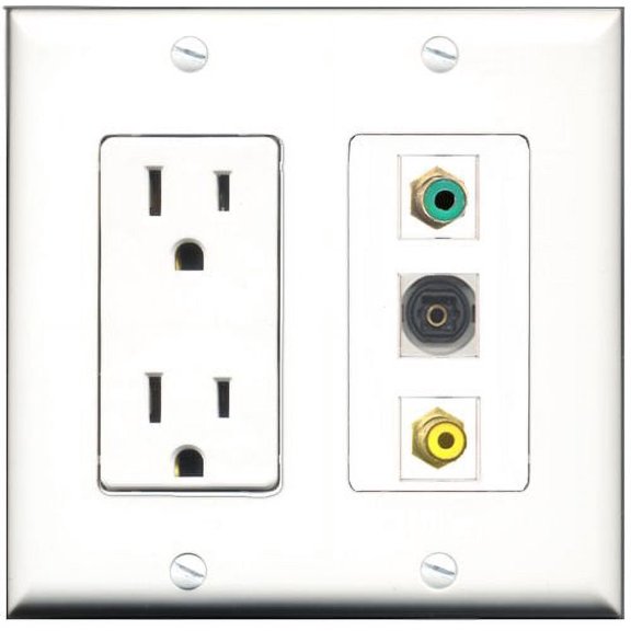 RiteAV - 15 Amp Power Outlet 1 Port RCA Yellow 1 Port RCA Green 1 Port Toslink Decorative Wall Plate