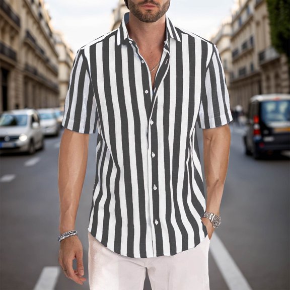 Mens Shirts Short Sleeve Striped Beach Casual Lapel Button Down Summer Shirt Black L