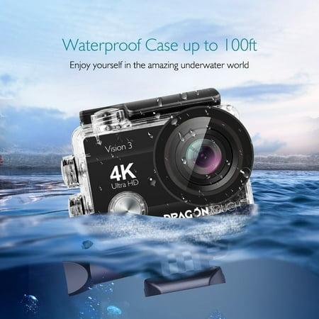 Dragon Touch 4K Action Camera 16MP Vision 3 Underwater Waterproof Camera 170° Wide Angle WiFi Sports Cam with Remote 2 Batteries and Mounting Accessories