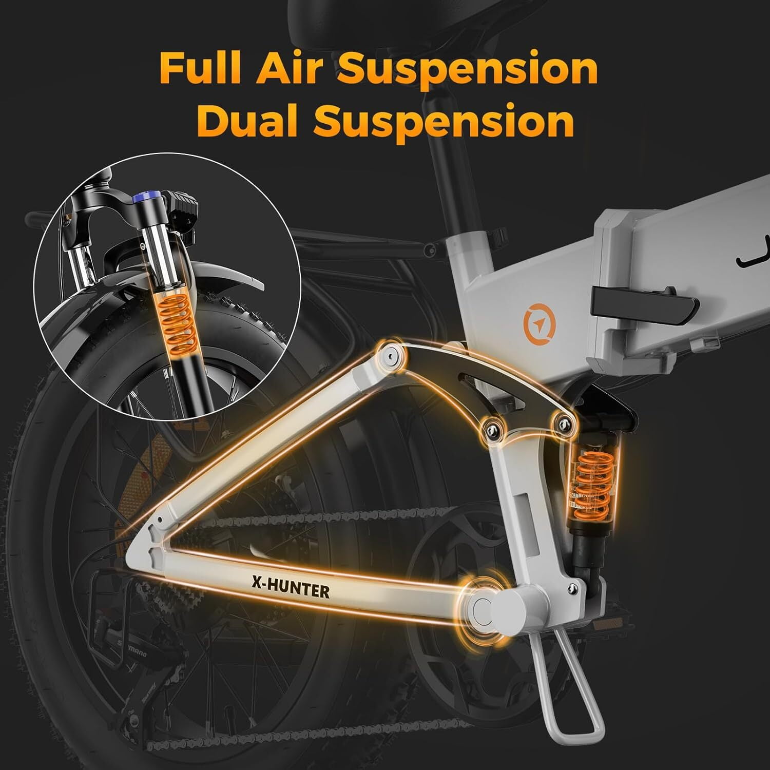 Jasion X-Hunter Electric Bike for Adults, 750W Motor Electric Bicycle with 48V 13AH Removable Battery, 20" x4.0 Fat Tire Folding Ebike, Full Suspension, 7-Speed Bicycles