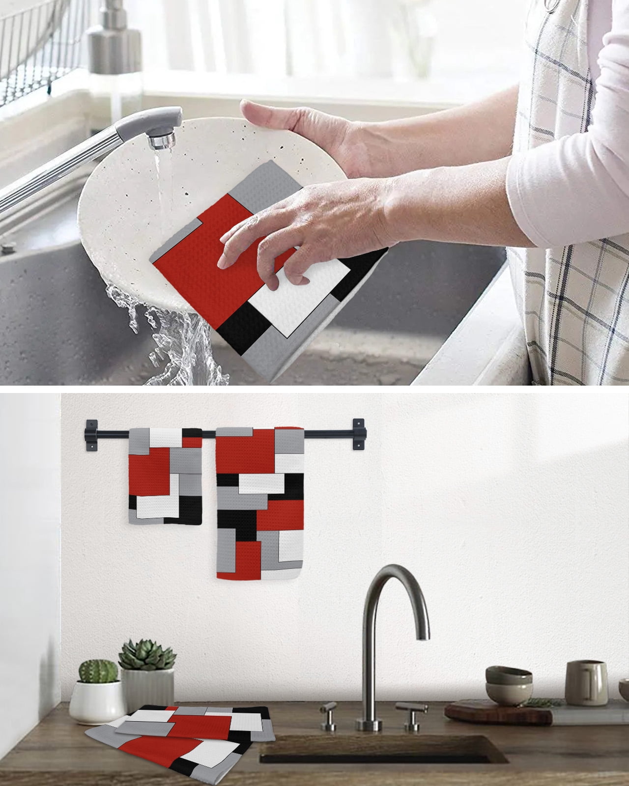 Red Grey Black Geometric Dish Towels Set,Waffle Weave Kitchen Towels 3Pcs, Middle Century Modern Art Abstract Microfiber Hair Face Bath Tea Towel Absorbent Quick Drying Cleaning Dish Cloths 12"x12"
