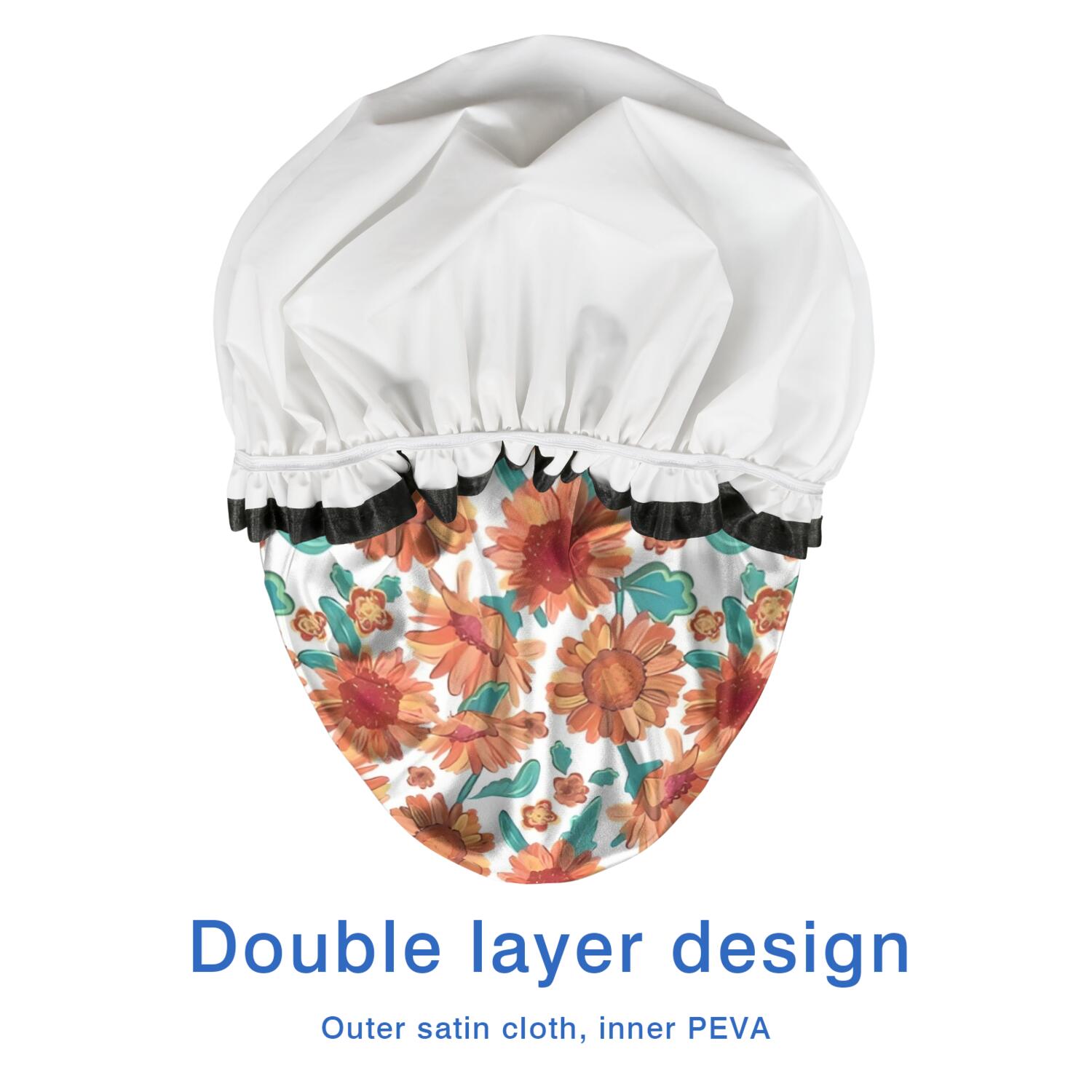 Shower Caps,White Orange Sunflower Green Leaf Pattern Waterproof Shower Cap for Women 4 Pieces,Double Reusable Hair Cover for Shower PEVA Elastic Stretch Hem