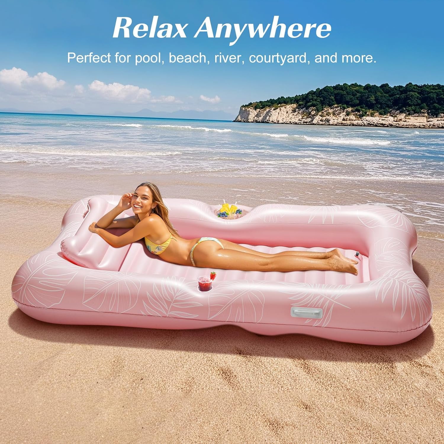 HEY! SPLASH Inflatable Tanning Pool Lounger Float, 72.8 * 49.2" Inflatable Ride-ons Pool Rafts Swimming Pool Float, Summer Beach Party Swimming Floaty Bed Floatie Pool Toys,Pink Leaf