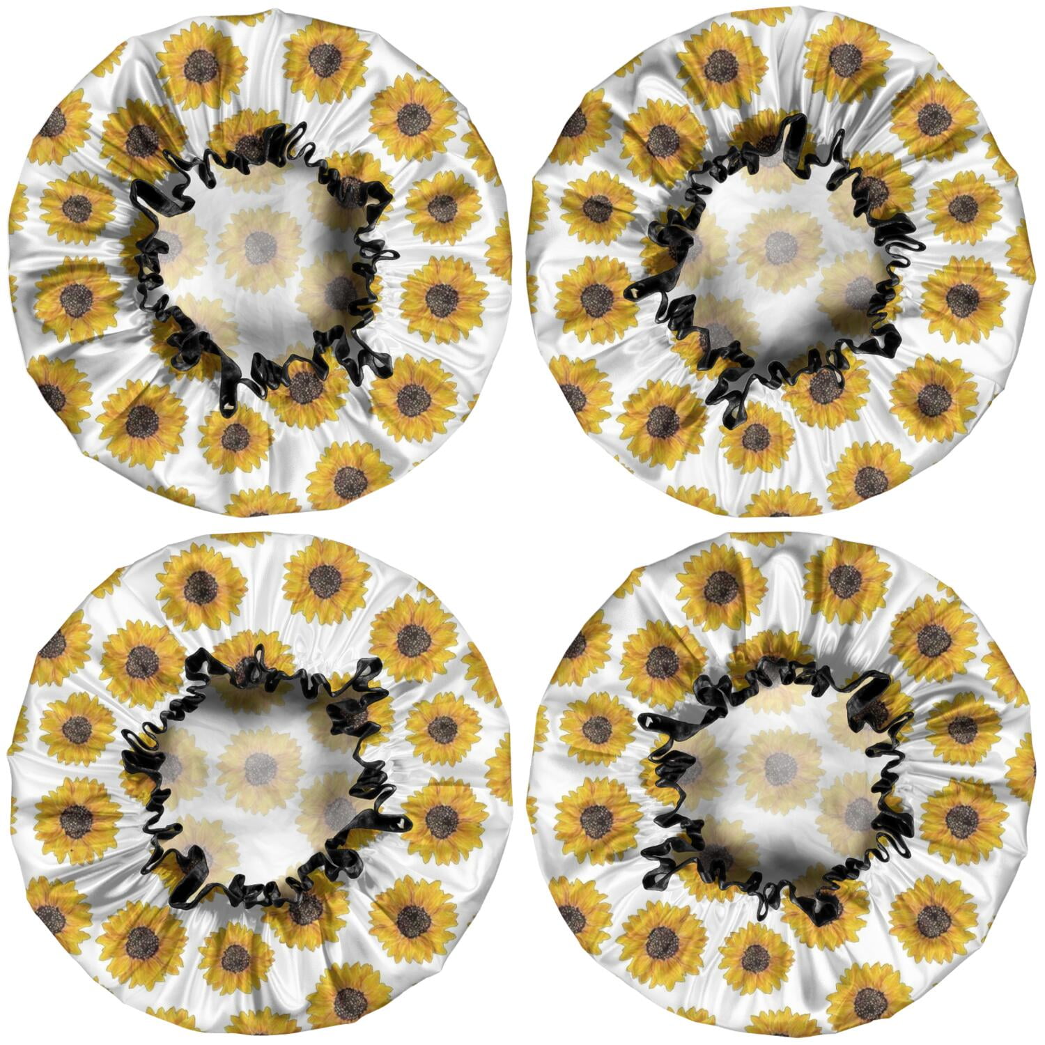Shower Caps,White Small Sunflower Pattern Waterproof Shower Cap for Women 4 Pieces,Double Reusable Hair Cover for Shower PEVA Elastic Stretch Hem