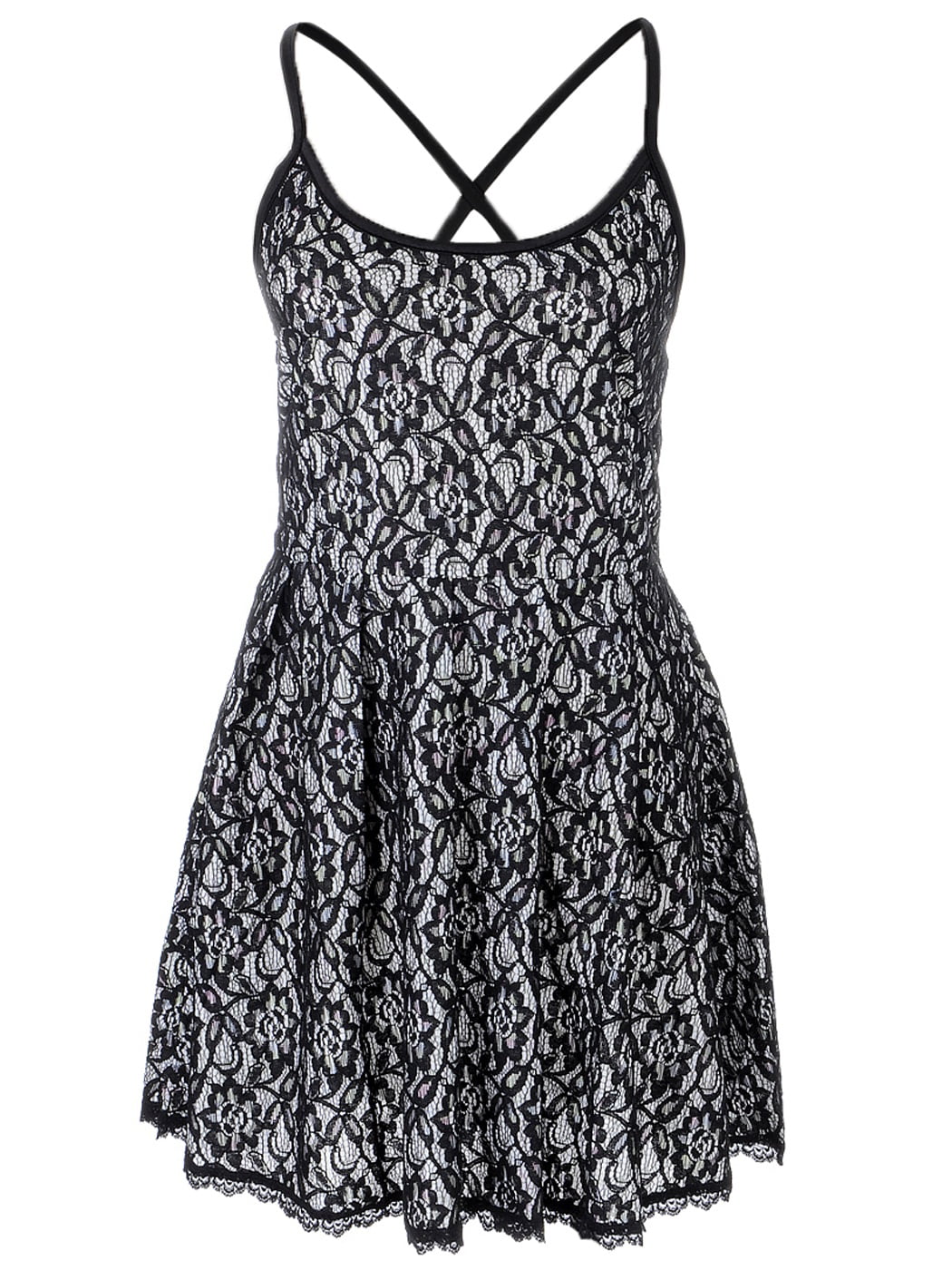 S/M Fit Black White All Over Lace Cross Back Bow Noodle Strap Dress ...
