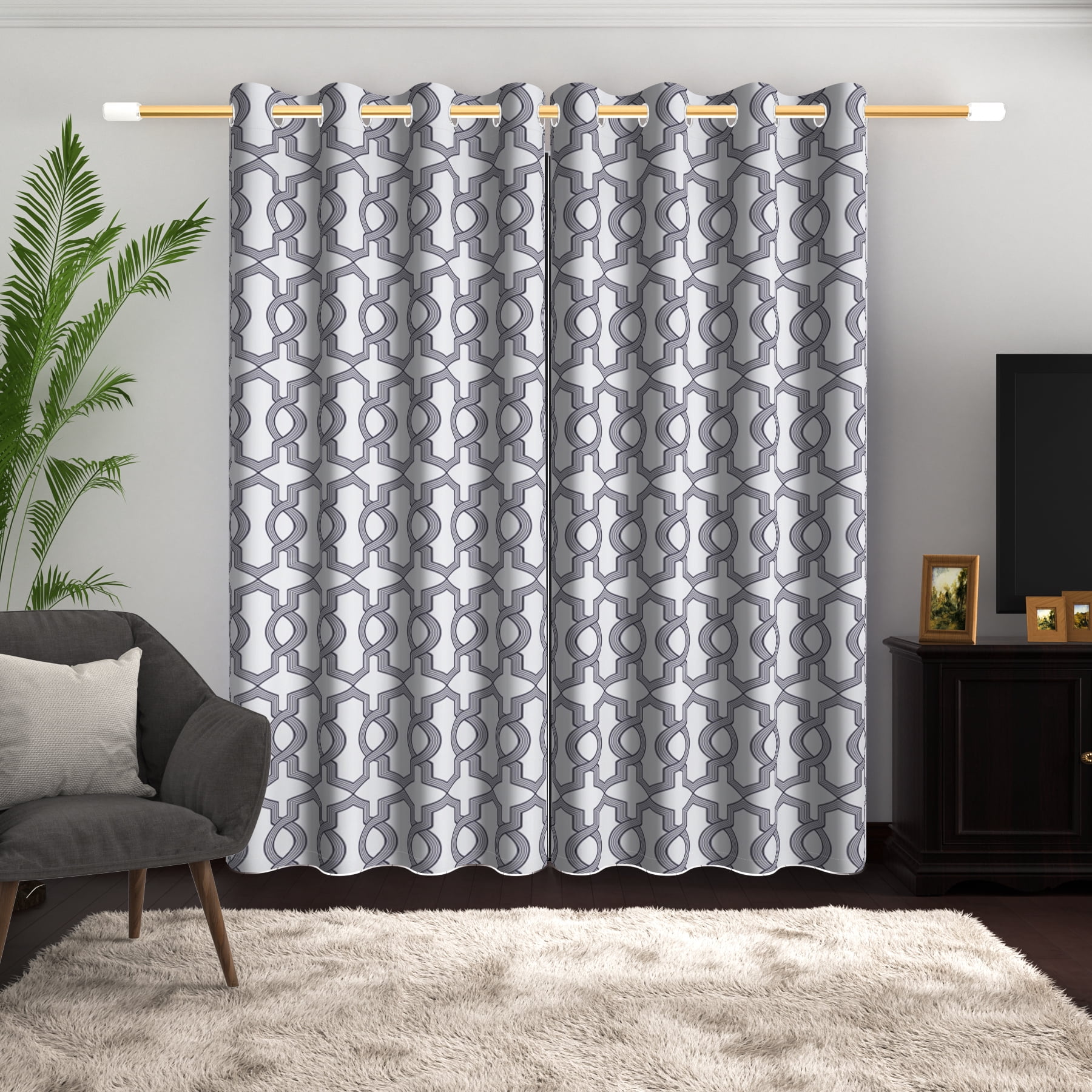 Lfeey Blackout Curtains for Bedroom, Plaid Black Geometric Pattern Curtains with Top Grommets, 42"x63", 2 Panels