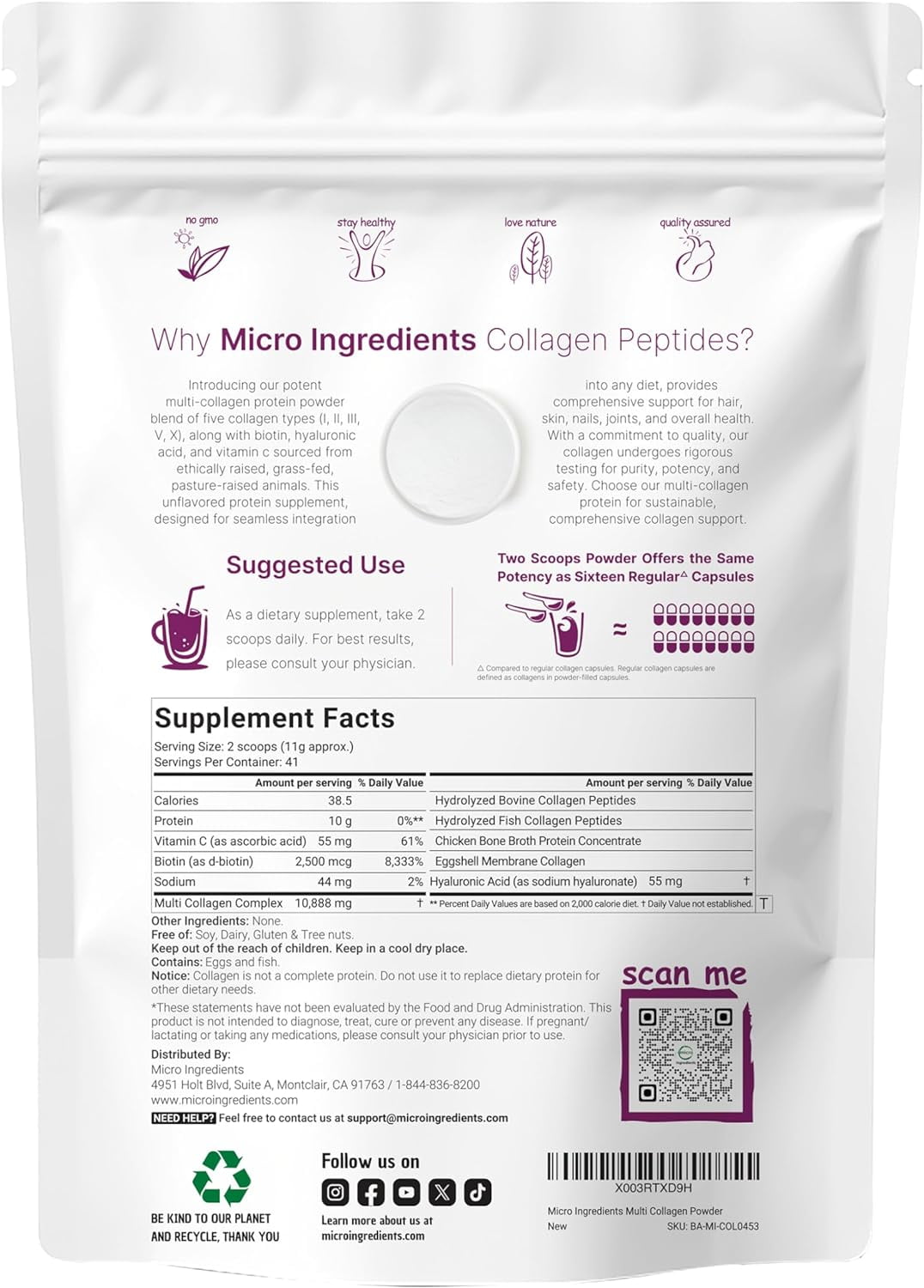 Micro Ingredients Multi Collagen Peptides Powder, 1lb (41 Servings) | Hydrolyzed Type I,II,III,V,X with Biotin, Hyaluronic Acid, Vitamin C - Unflavored Collagen for Women & Men