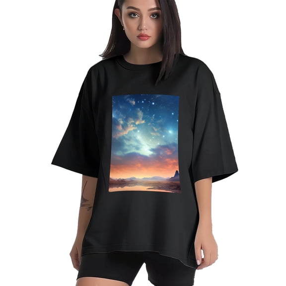 Plus Size Shirt for Women Black Tops for Women Short Sleeves Shirt for Women Milky Way Galaxy T Shirt Crewneck Shirt for Women XS