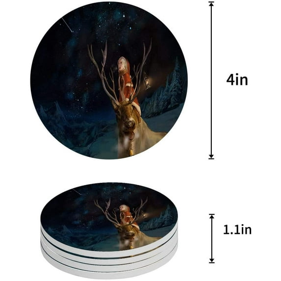 FMSHPON Merry Christmas Elk and Girl Set of 4 Round Coaster for Drinks, Absorbent Ceramic Stone Coasters Cup Mat with Cork Base for Home Kitchen Room Coffee Table Bar Decor