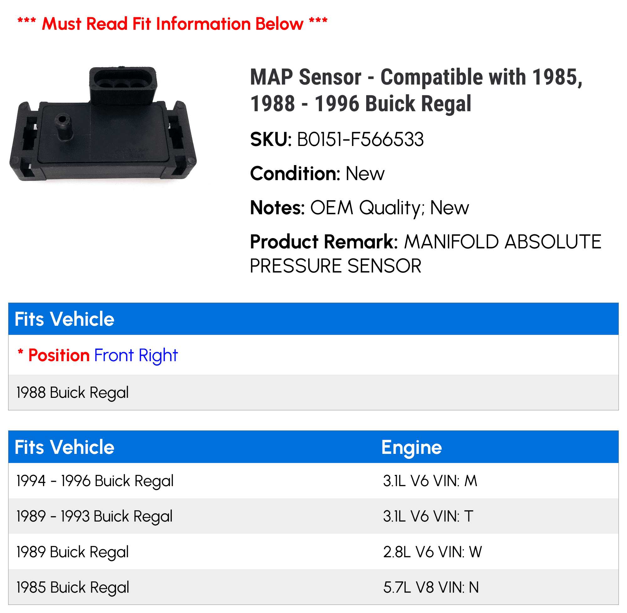 MAP Sensor - Compatible with 1985, 1988 - 1996 Buick Regal 1989 1990 1991 1992 1993 1994 1995