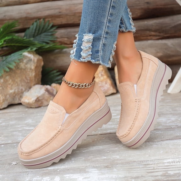 CushHide Womens Khaki Platform Loafers Slip On Suede Dress Shoes Comfortable Casual Work Flats with Thick Sole Easy Wear Footwear