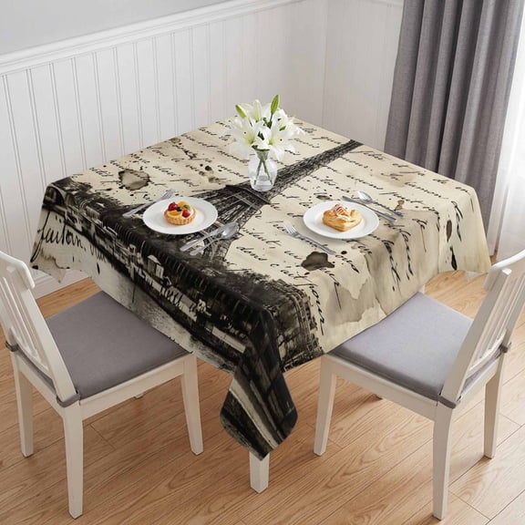 Paris Tower Table Cloth Waterproof Tablecloths, Vintage Words Beige Grey Tablecloth Dining Table Cover for Kitchen Party Tabletop Outdoor, Square Tablecloth 60x60 Inch