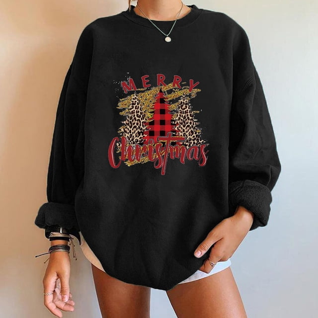 Tenues de Voyage pour Femmes Mode Femmes Décontracté Imprimé Col Rond Manches Longues T-Shirt Ample Blouse d'Automne Chandail Sans Capuche Chandails en Molleton Tenues de Vacances d'Hiver pour Femmes en Liquidation