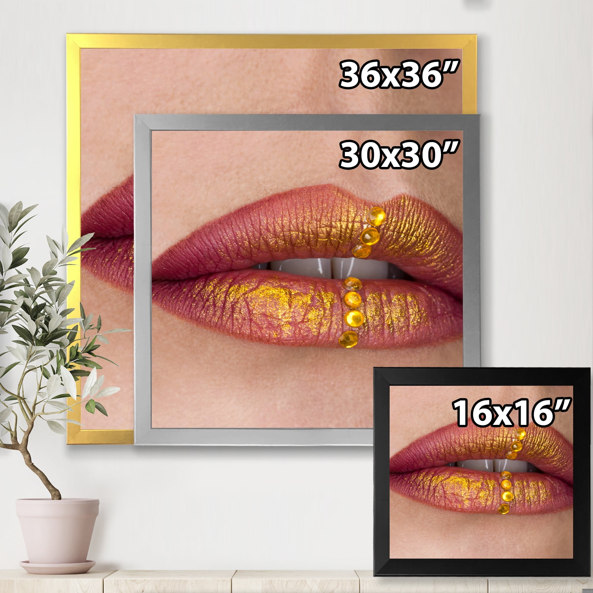 Designart 'Woman Lips Close-Up With Red Lipstick, Gold Paint' Modern Framed Art Print