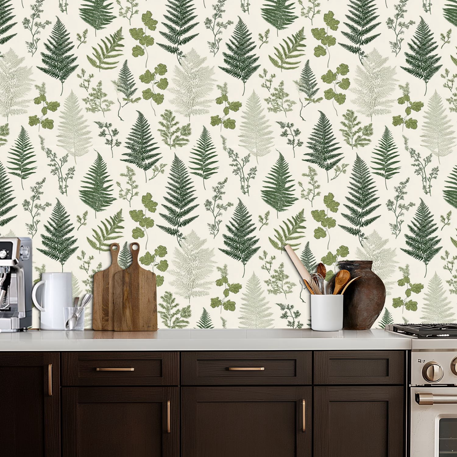 Vintage Peel and Stick Wallpaper Vintage Botanical Fern Leaf Green Beige Wall Mural 17.7in x 9.8ft Self Adhesive Removable Wall Paper Renter Friendly Wallpaper for Nursery Bedroom Cabinets