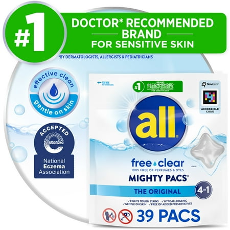All Mighty Pacs Laundry Detergent Pacs, Free Clear For Sensitive Skin, Unscented And Dye Free, 39 Count