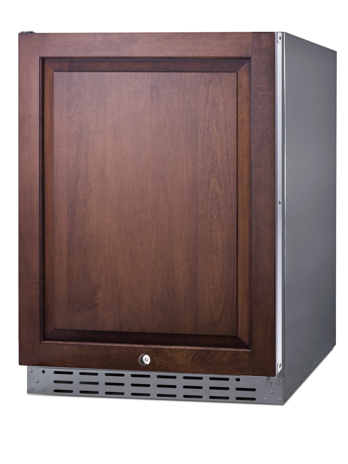 Built-in undercounter ADA-compliant all-refrigerator for outdoor use featuring a panel-ready door, stainless steel cabinet, lock, and digital controls